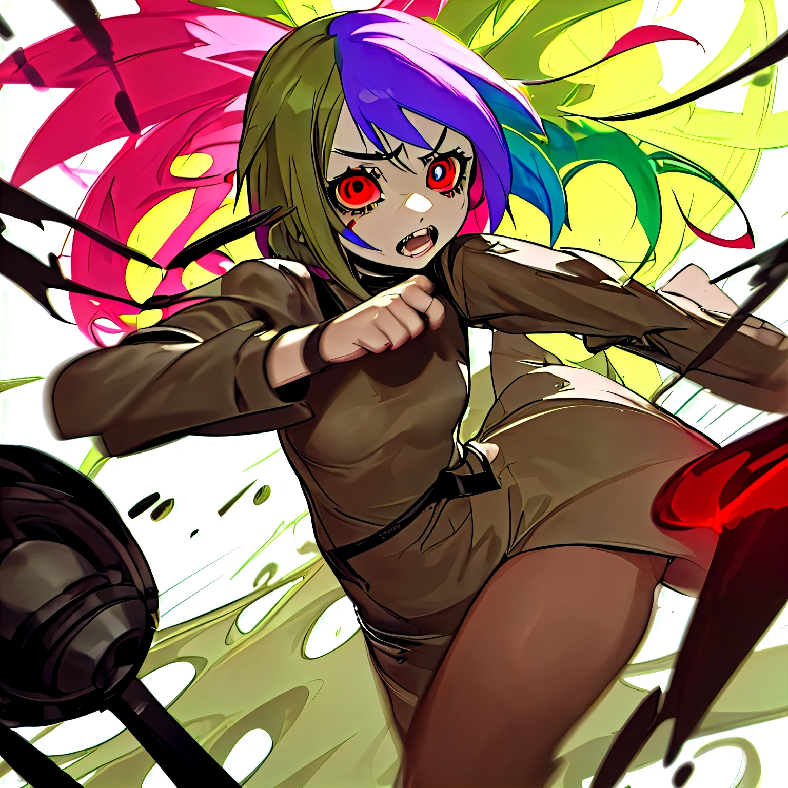 Dash’s has Olive skin, rainbow hair and crimson eyes, She is an orphan, with ADHD snd Autism and whole she is a sadist and insane she wouldn’t hurt those she cares about most.
