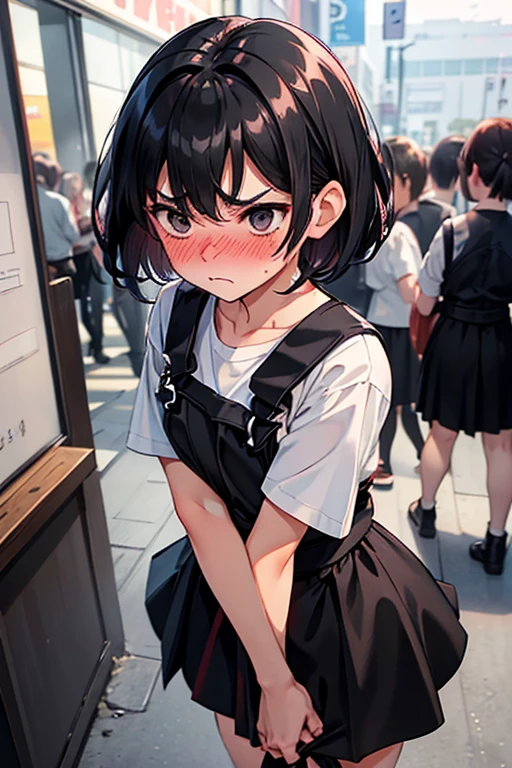short hair, black hair,reddish eyes、(long shot)、(black overall skirt:1.6),, ,NSFW,very detailed、masterpiece、highest quality、Ultra high decomposition energy A、8K high resolution、Clear like a photo、ultra high resolution、Gradation depiction、photorealistic、(crowd:1.1)(department store)、The shops、based on anthropology、girl、detailed eyes、short hair、(upward glance),、(wear white Tshirt:1.2)、, ,, ,、,,,, (frown:1.2),(angry:0.9),contemptuous,disdain,(hate:1.3),,elegant,active angle,dynamism pose,, (embarrassed,nose blush:1.5), , 、, (touching face with one hand:1.2),, white Tshirt ,