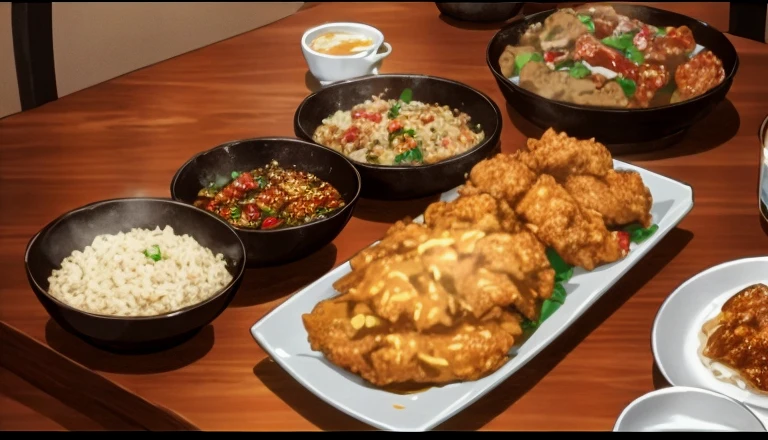 Gyoza, fried chicken, and shark fin rice are placed on the table.。