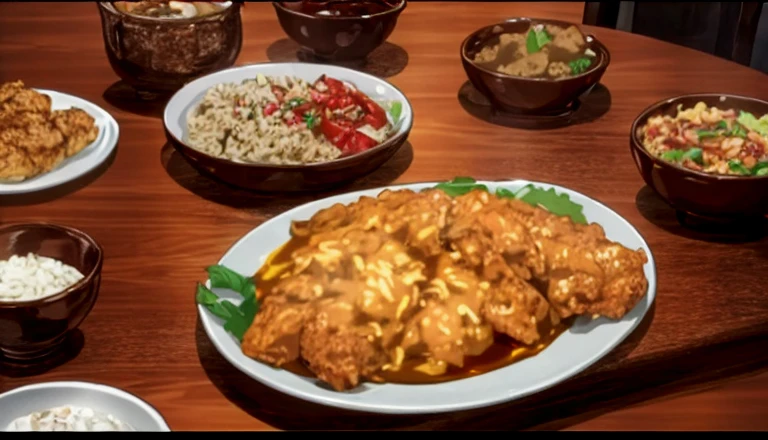 Gyoza, fried chicken, and shark fin rice are placed on the table.。