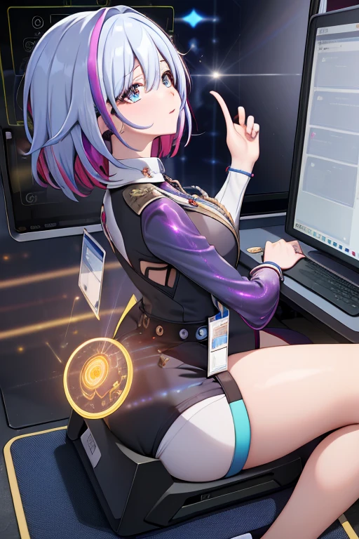 masterpiece, best quality, TopazV4, 1girl, looking at pc screen, solo, hair ornament, ((OL, office lady, id card)), pantyhose, ((holographic interface:1.3)), ((concentrated, focused)), ((working, focused on pc screen)), sitting, colorful, cowboy shot, indoors, spaceship, night, professional light, from side, 