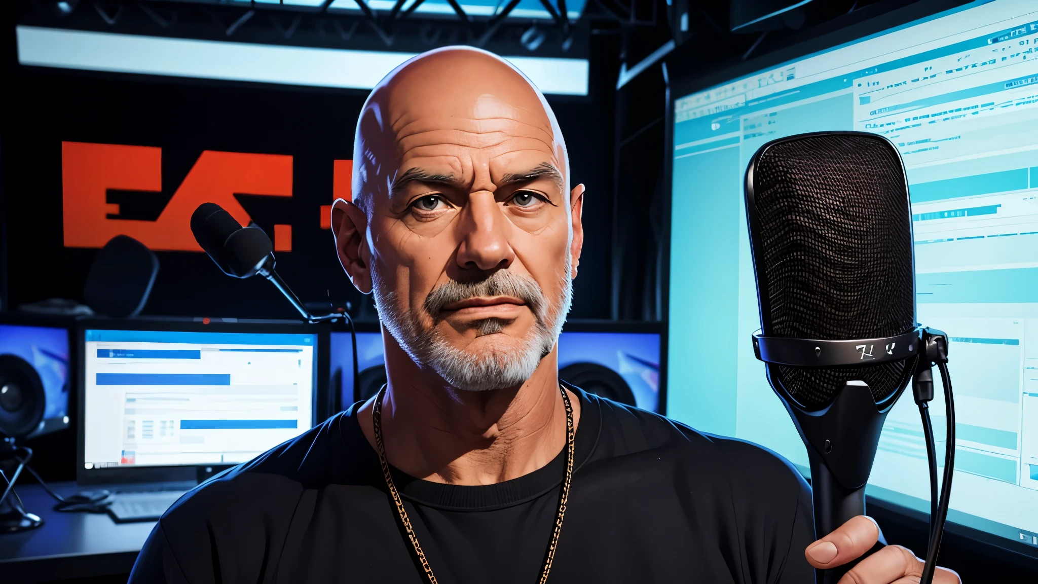 A bald fifty-year-old man with a gray beard and a black sweater speaks into a microphone in a podcast studio