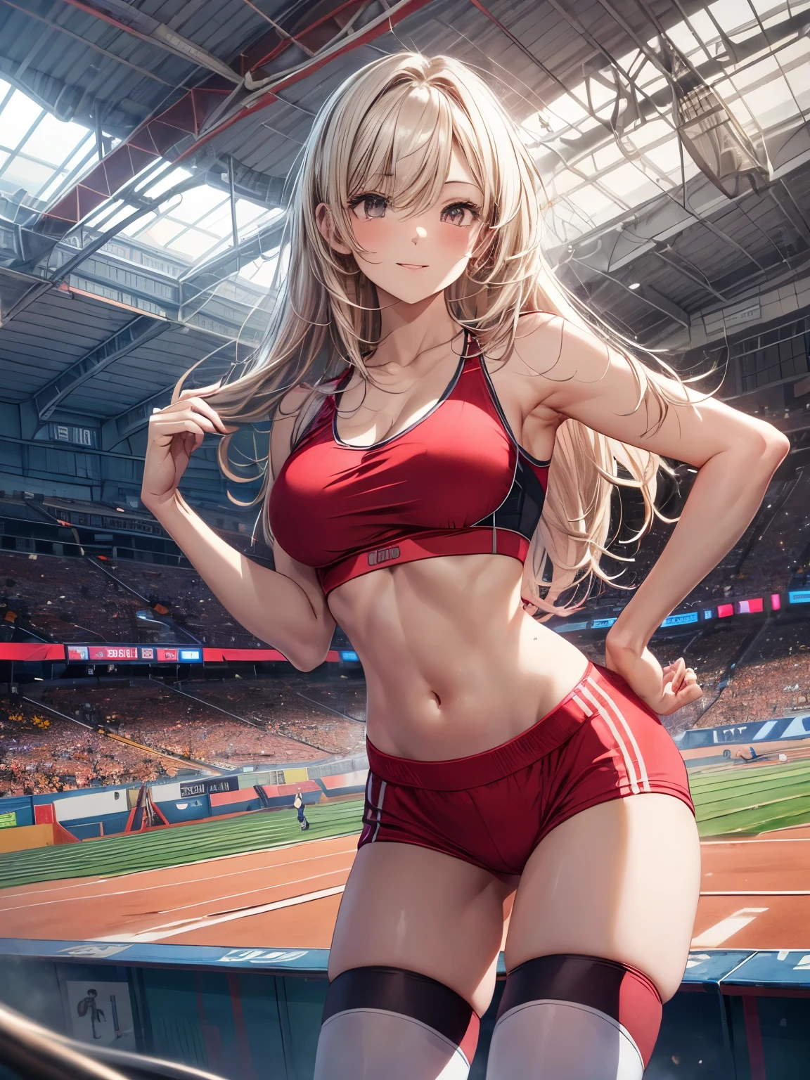 highest quality、complete limbs、full finger、1 beautiful woman、Beauty busty woman:1.3、Women with blonde hair、straight hair woman、(((Red sports bra:1.5)))、(((Red high-legged bloomers)))、smile、((athletics stadium))、bare legs、running on a track