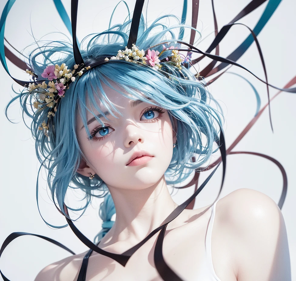 (masterpiece), (highest quality), (Super detailed),(messy hair),(figure), (1 girl), (fashionable clothes), Are standing, Fashion Model, looking at the viewer, (face to face), (simple background),beautiful and fine eyes, delicate and beautiful features, floating,(high color saturation),(colorful water splash),colorful bubble,(shining), focus on face,  ponytail, kamisato ayaka, light blue hair, bangs, hair ring, floating flowers, floating hair, (shining), best lighting, best shadow,