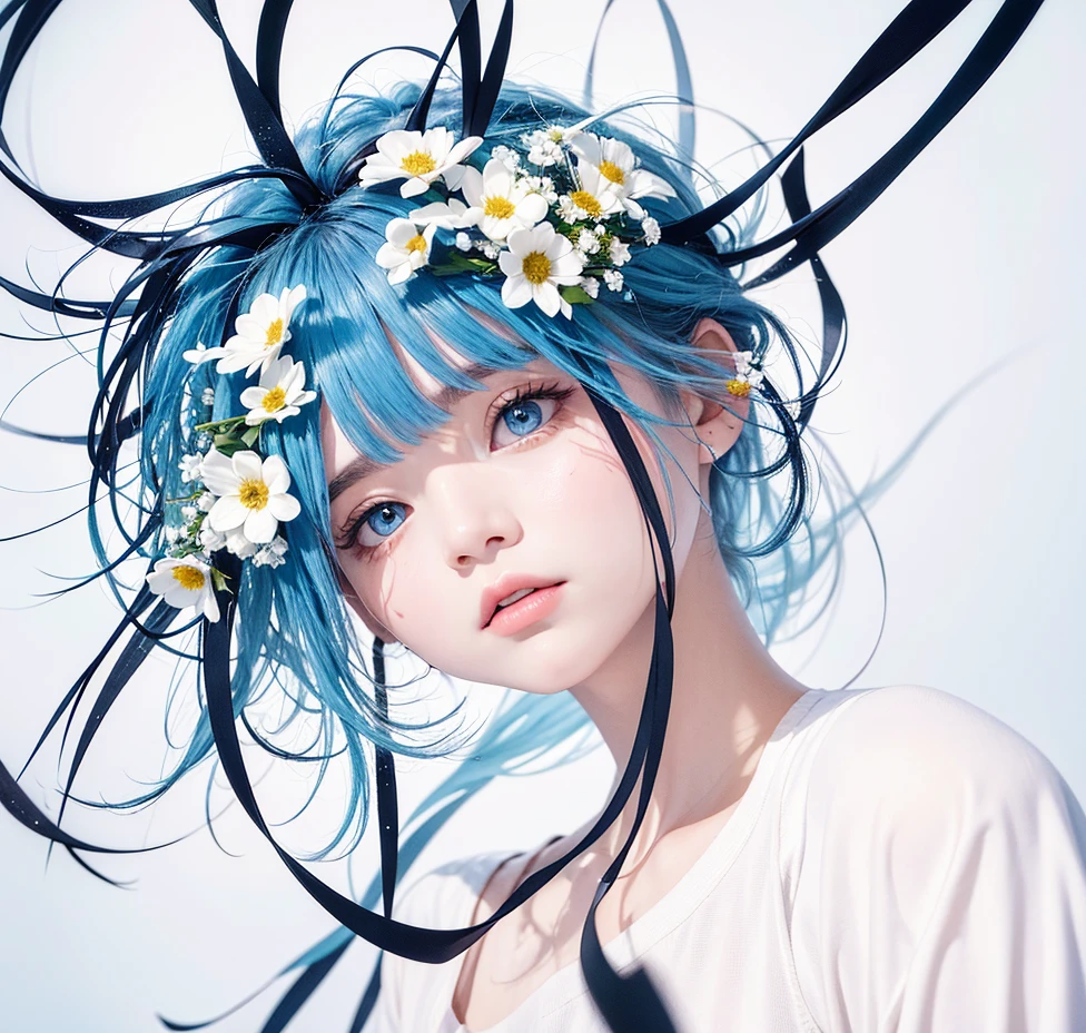 (masterpiece), (highest quality), (Super detailed),(messy hair),(figure), (1 girl), (fashionable clothes), Are standing, Fashion Model, looking at the viewer, (face to face), (simple background),beautiful and fine eyes, delicate and beautiful features, floating,(high color saturation),(colorful water splash),colorful bubble,(shining), focus on face,  ponytail, kamisato ayaka, light blue hair, bangs, hair ring, floating flowers, floating hair, (shining), best lighting, best shadow,