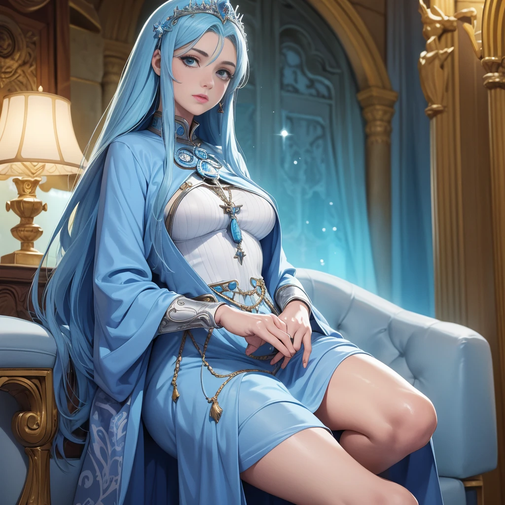 an elven woman, long hair down to the feet with blue highlights, piercing and judgmental gaze, light blue eyes, sitting on a chair in a tavern, cross legs, wearing a wizard's hat,smoking a pipe releasing blue smoke, clear skin with a bright appearance