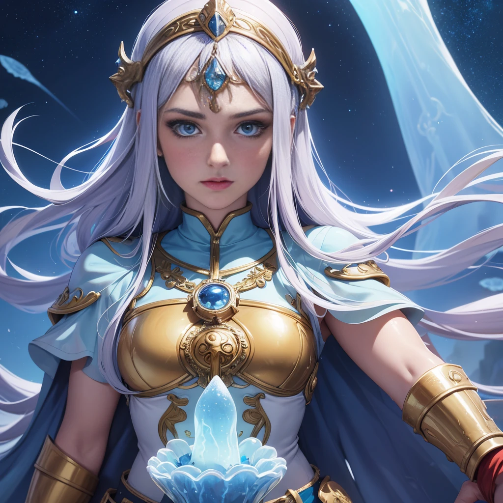 (8k, Foto RAW, melhor qualidade, senhor:1.2), (Realistic, photo-Realistic:1.37) uma imagem dos desenhos animados de uma mulher com cabelo longo e um vestido azul, feiticeira, Obra-prima Deusa da Tristeza, Nos, sacerdotisa, godess do mal, high sacerdotisa, jellyfish sacerdotisa, mystical atlantean valkyrie, portrait knights of zodiac girl, knights of zodiac girl, feiticeira, Vincent di Fate Nausicaa, seios grandes, peito grande