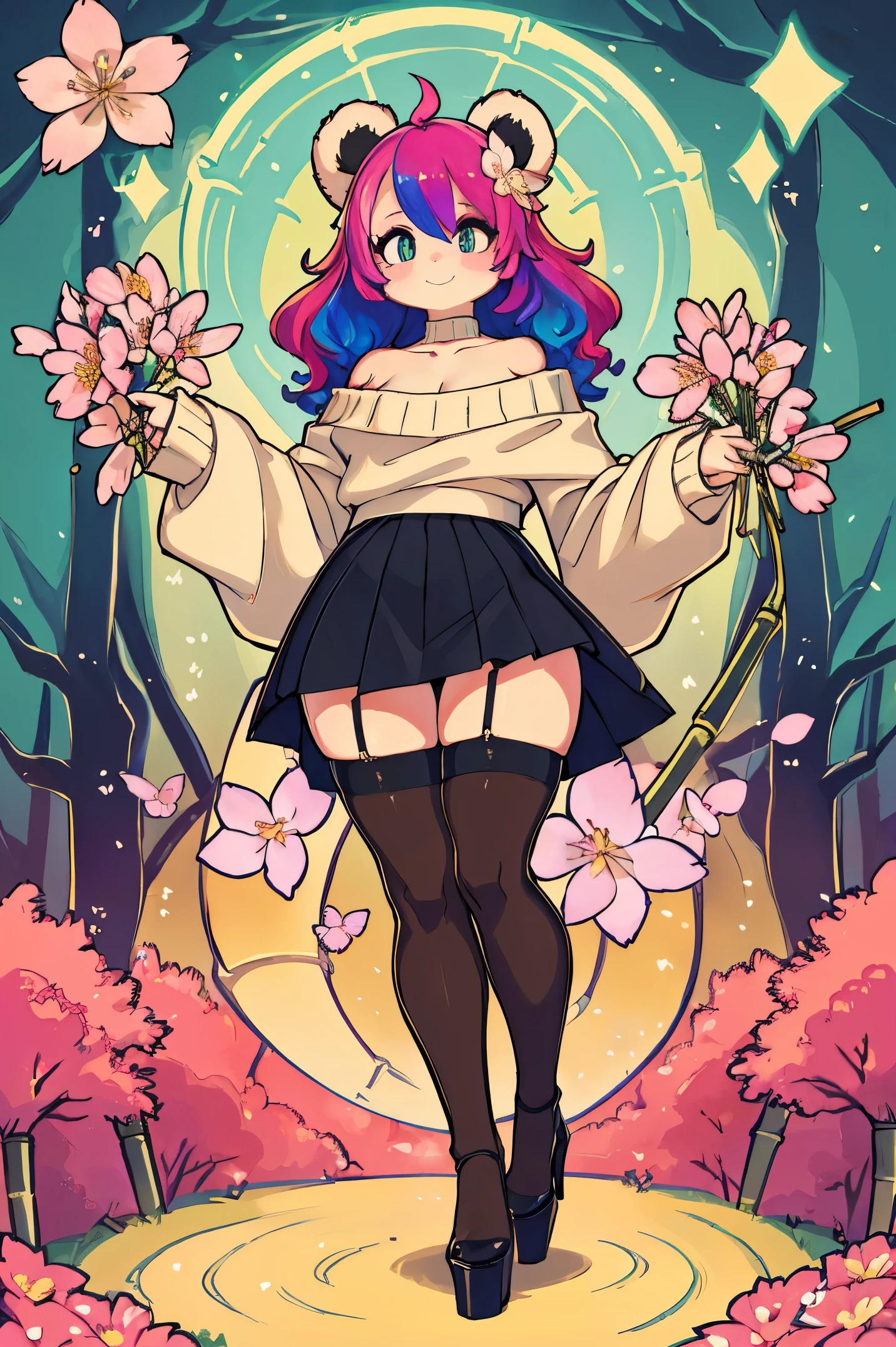 (masterpiece), best quality, expressive eyes, perfect face, 8k, panda girl, smile, (rainbow hair), (curly hair), ((human face)), [small breast:1.1], waist:1.3, 
BREAK, 
Knitted off-the-shoulder sweater, paired with a satin mini skirt and (opaque tights), combination of textures creates a cozy yet flirtatious outfit perfect for cooler weather, stiletto heels,
BREAK,
((Whimsical bamboo forest adorned with colorful blossoms)), where butterflies flutter around, creating a scene of pure fantasy and natural beauty,