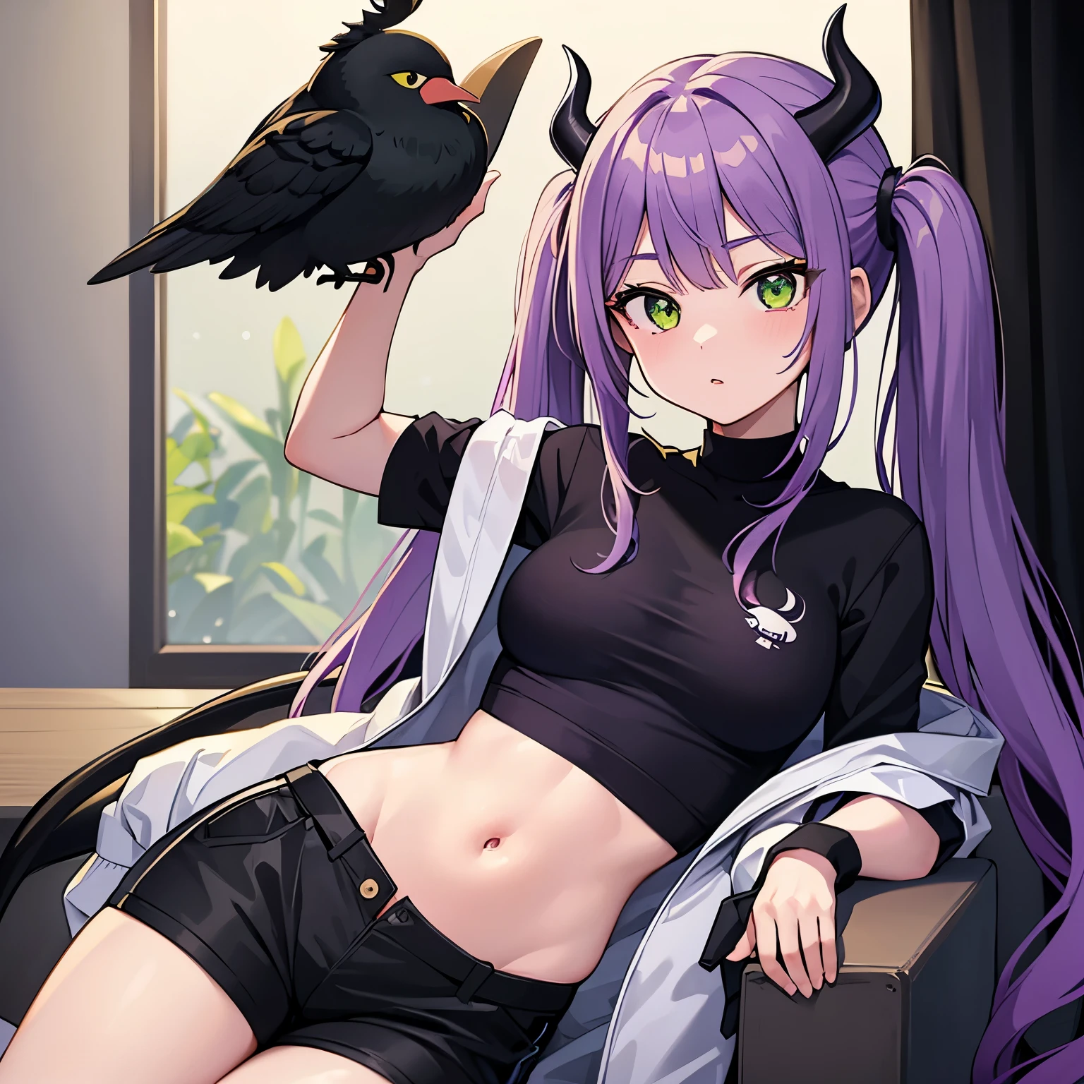 masterpiece, best quality, ultra detailed,holo live,tokoyami towa,purple hair,twintails,green eyes,long hair,demon tailwhitejacket,black shorts,black cap,navel