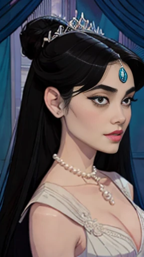 color illustration, queen of Moon, pure female, wearing black lace brassiere, long loincloth, pearl tiara, pearl necklace. looking at viewer compassionately, symmetric face, symmetric eyes, chignon black hair, pale skin, small bust, narrow waist, thin abs, thin throughs, under the moon, american comic art style, art by J. Scott Cambell