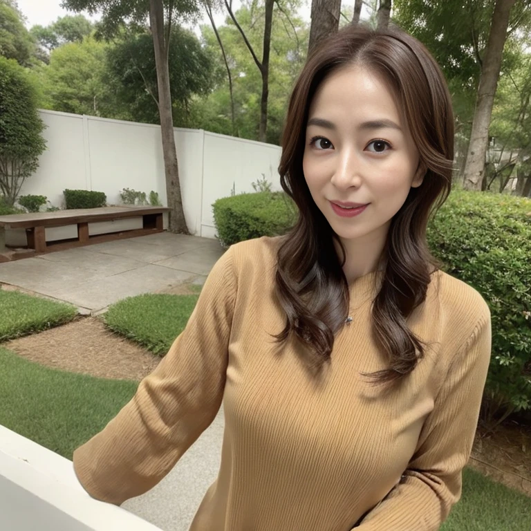 dark brown hair, light brown eyes, Japanese actress face, woman, Japanese actress in her 50s,beautiful aunt, (highest quality: 1.4), (ultra high resolution: 1.2), ultra high resolution, (fine eyes), (detailed facial features), HDR, 8K resolution, Terrace in the forest,Plump erotic body、normal size breasts,glossy lips、 wrapped in a bath towel, long hair,自然なワンレンlong hair,The beauty of slim abs: 1.3,a seductive look, super fine face, delicate eyes, double eyelid, smile, Home、sexy pose、Erotic Poses、It feels like he&#39;s clearly inviting me、Pheromones are emitted