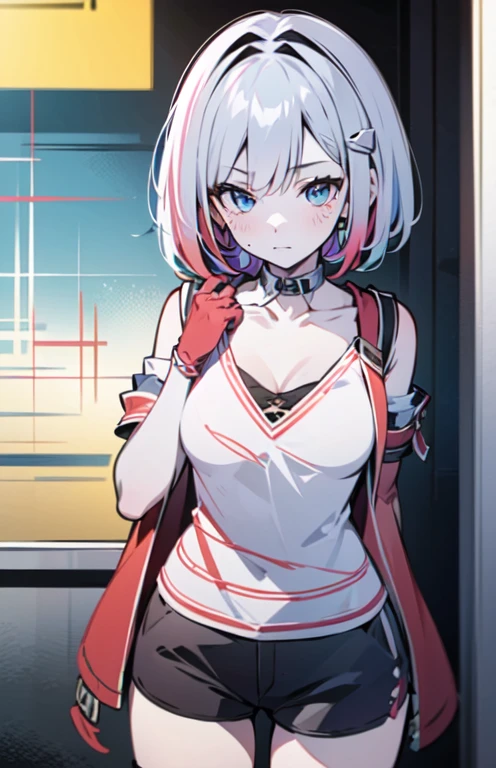 (masterpiece:1.2), (pale skin:1.2), (solo:1.2), (female:1.1), (emphasis lines:1.3), (:1.2), blue eyes, white hair, red hair, bangracelets:1.1), short hair, (shorts:1.2), casual, bare shoulders, collarbone, (camisole:1.1), outdoors, day