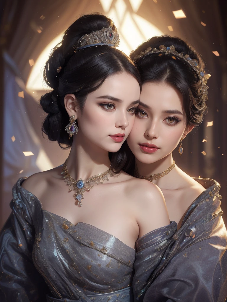 masterpiece, Highest image quality, Beautiful bust of a royal lady, Delicate black hairstyle, Amber eyes are clear, Embellished with a dazzling array of intricate jewelry, super detailing, upscaled, (2girls, cheek to cheek, kiss:1.2)