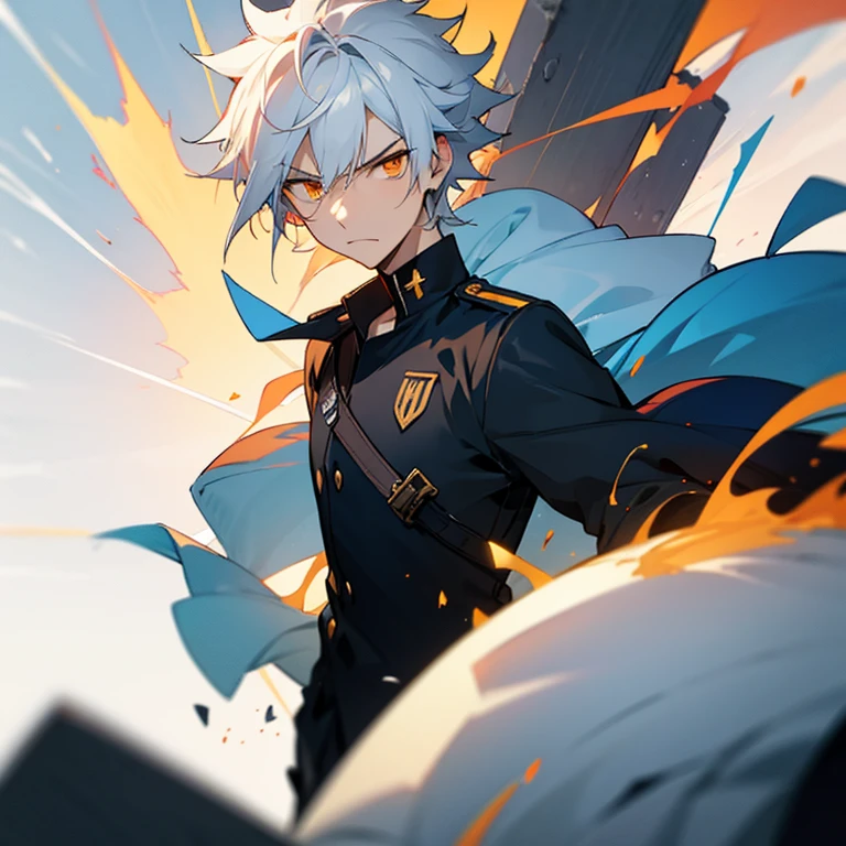 1boy, white hair, orange eyes, wearing black uniform, annoyed face, explosion, detailed eyes, pretty eyes, face focus, ((soft smile))