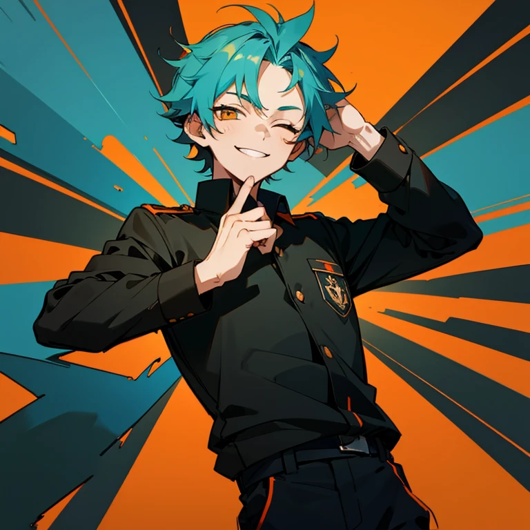 1 boy, Turquoise hair, orange eyes, black cloth, handsome, 15 years old kid, wearing uniform, orange eye liner, smiling, left and right eyes closed