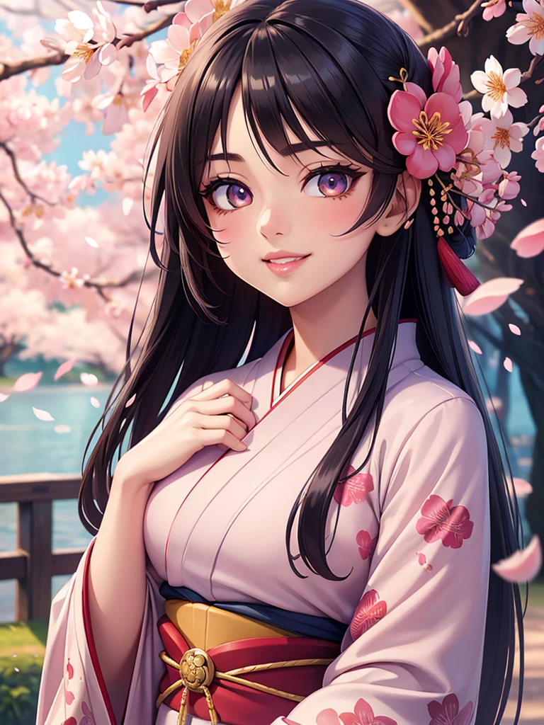 (best quality,ultra-detailed),
beautiful detailed eyes,beautiful detailed lips,longeyelashes,dark hair,
(young,attractive) girl,innocent look,cute smile,
traditional Japanese attire,kimono,
(flowers, cherry blossoms) in the background,
soft lighting,subtle highlights,
(vibrant,colorful) palette,
anime style.