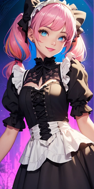 (pink hair,colorful fluorescence multicolored  hair:1.5,short twintails:1.5), (masterpiece, sidelights, exquisite beautiful eyes: 1.5), masterpiece*portrait, realistic, ((gothic horror background:1.5)),(Gentle face:1.5),colorful,3D face,(cute face),front view: 1.6、 (glowing red eyes:1.2),(tareme:1.5)、(cute smile:1.5),((blue lips:1.2)),Slim Body, shiny hair, shiny skin: 1.5、medium breasts,、solo,(stand)、(lolita dress:1.5)、(charactor focus:1.5、portlate、eye focus,cowboy shot)、bright atmosphere,intricatedetails