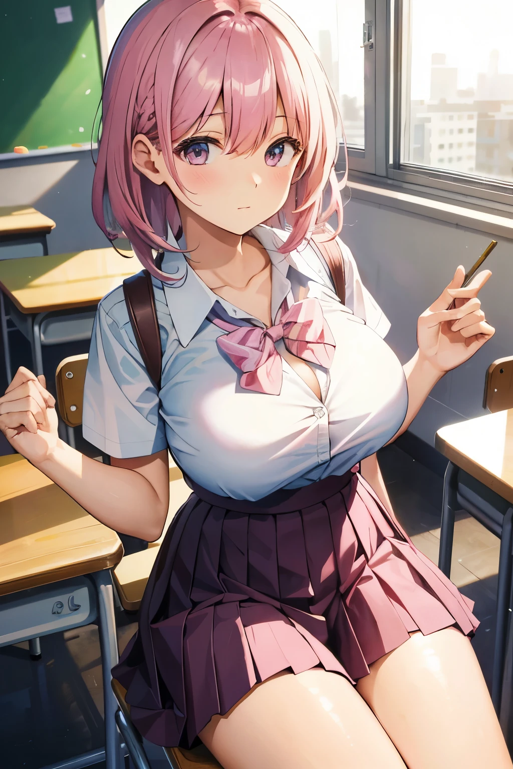 masterpiece, highest quality, in detail, 1 girl, pink_rose hair, pleated mini skirt, (school uniform), huge breasts, cleavage, classroom,