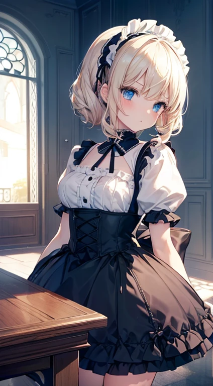 (,)(on the table, best quality:1.2), 8k, 85mm, official art, original photo, absurd, platinum blonde, (blue eyes, ta fashion, sweetLolita, Gothic, skirt:1.2), Idol face, Upper body, beautiful girl, gardeniassss, Copenhagen, short sleeves, grace, complicated, gardeniass, looking at the audience, film grain, Color difference, sharp focus, face lamp, dynamic lighting, Cinema lighting, embarrassed expression, (((把skirt卷起来、,)))、Beautiful and perfect legs, clean and perfect hands