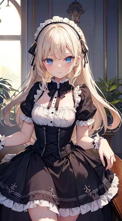 (table top, highest quality:1.2), 8K, 85mm, official art, Raw photo, absurd, platinum blonde hair, (blue eyes, lolita fashion, sweet lolita, gothic, dress:1.2), idol face, Upper body, beautiful girl, gardeniass, copenhagen, short sleeve, grace, Sophisticated, gardenia, looking at the viewer, film grain, chromatic aberration, sharp focus, face light, dynamic lighting, cinematic lighting, embarrassed look, (((lift up the skirt、White panties are visible)))、beautiful and perfect legs, clean and perfect hands