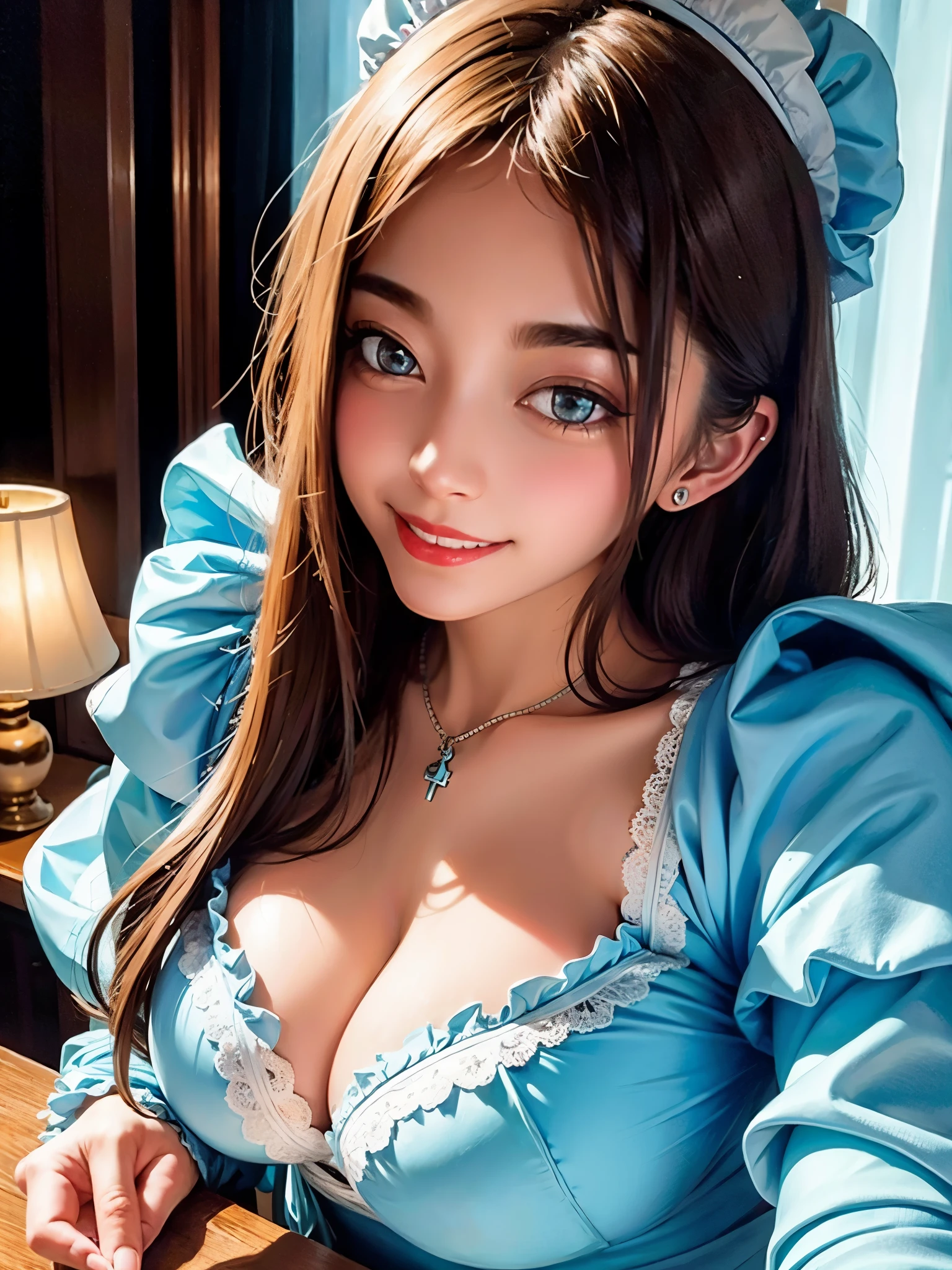 (big breasts:1.5)(Raw photo:1.2)、highest quality、(Hotel)on the bed, beautiful detailed girl( Light blue maid costume:1.3)laughter、highly detailed eyes and face、beautiful and fine eyes、huge file size、High resolution、High resolution、8k wallpaper、finely、Highly detailed ticker uniform wallpaper in 8K、light shines on your face、movie lighting、30 year old female(photorealism:1.4)enlightenment、surrealism、 super detail、masterpiece