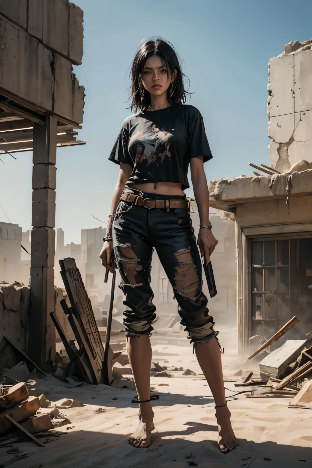 Dry sand dystopian world, dust and wind, in shattered concrette build ruins, servicing beautiful sexy blonde black haired woman victim warrior wearing rags tee shirt and torn under pant, holding sharpend wooden stick tip covered in blood, no armor, no guns, 36k resolution, hyperdetailed, modern impresionism sereal and realism art style, barefoot 