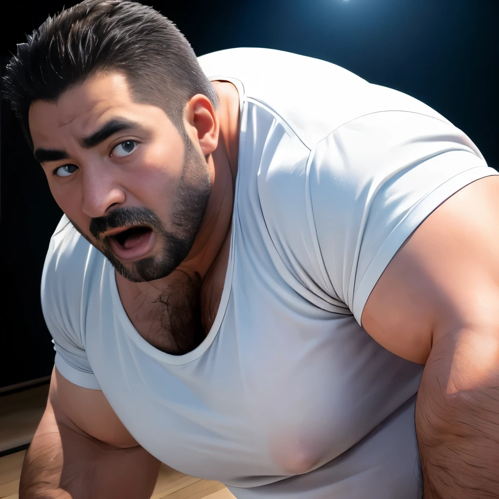 (highest quality:1.5), (masterpiece:1.5), (Photography Studio:1.4), (Japanese:1.1), close-up face, macho, huge body, hairy, (fat:1.2), 40 years old, A deeply surprised and troubled expression, slightly open mouth, white t-shirt