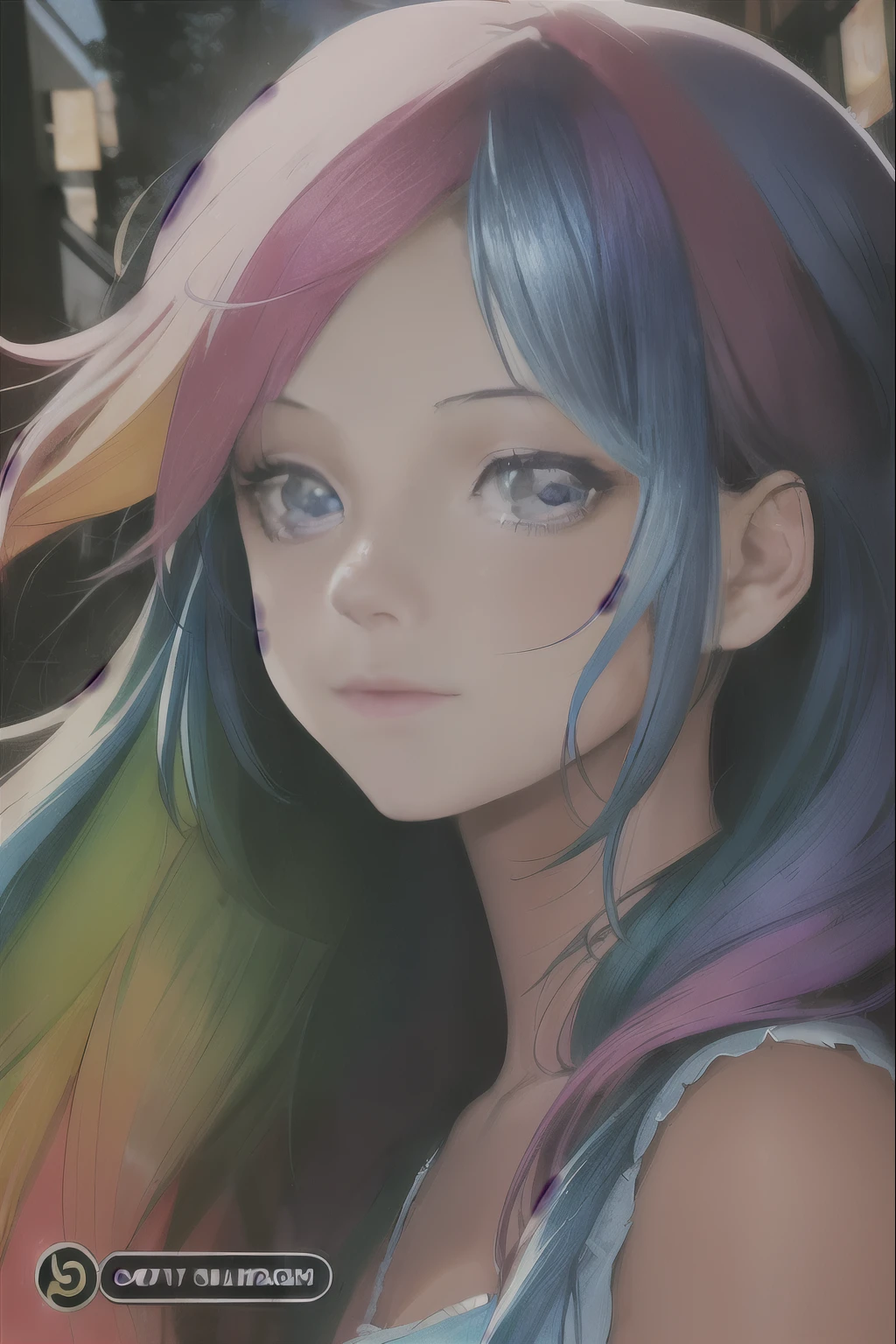 girl with colorful hair and blue eyes looking at the camera,, realistic art style, anime girl with rainbow hair, beautiful portrait, stunning face portrait, beautiful girl, high quality artstyle, artgerm colorful!!!