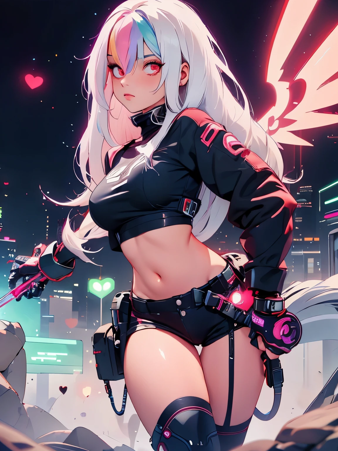 Roxy_Citron_OC,  1girl, solo, red eyes, white hair, rainbow hair, long hair, streaked hair, hair between eyes, Cyberpunk Style, neon, holding weapon, fighting pose, armed girl, cyber girl, dynamic pose, cupidtech, scifi
