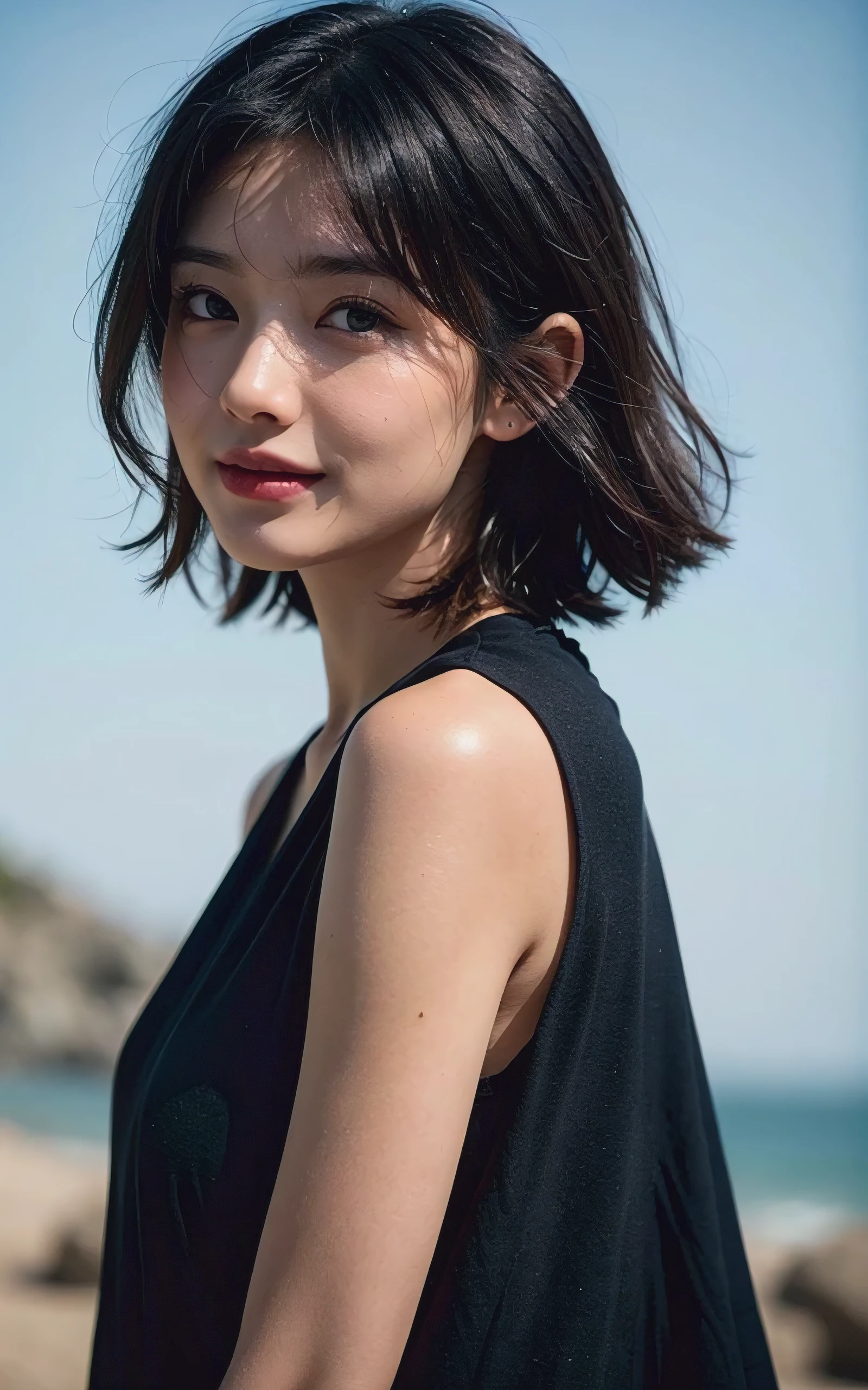 Upper body、avert your eyes、young beautiful japanese woman, gentle features、super cute face、glossy lips、double eyelids in both eyes、natural makeup, smile, long eyelashes are bright, Short bob hair tweeny smooth light brown hair、hair swaying in the wind, asymmetrical bangs、center image、8K、high detail、detailed hairstyle、detailed face、great movie lighting、octane rendering、vibrant、surreal、perfect limbs、perfect anatomy