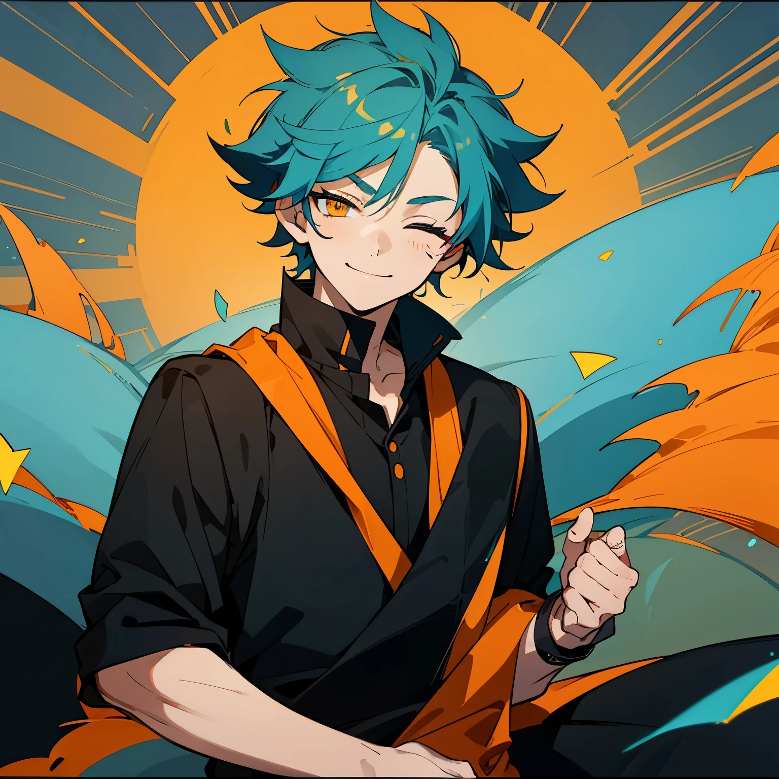 1 boy, Turquoise hair, orange eyes, black cloth, handsome, , wearing uniform, orange eye liner, smiling, left and right eyes closed