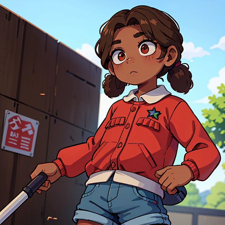 The *********** is a little dark-skinned, brown hair braided with two balls, a red jacket underneath a white shirt holding a rebar in her hands 