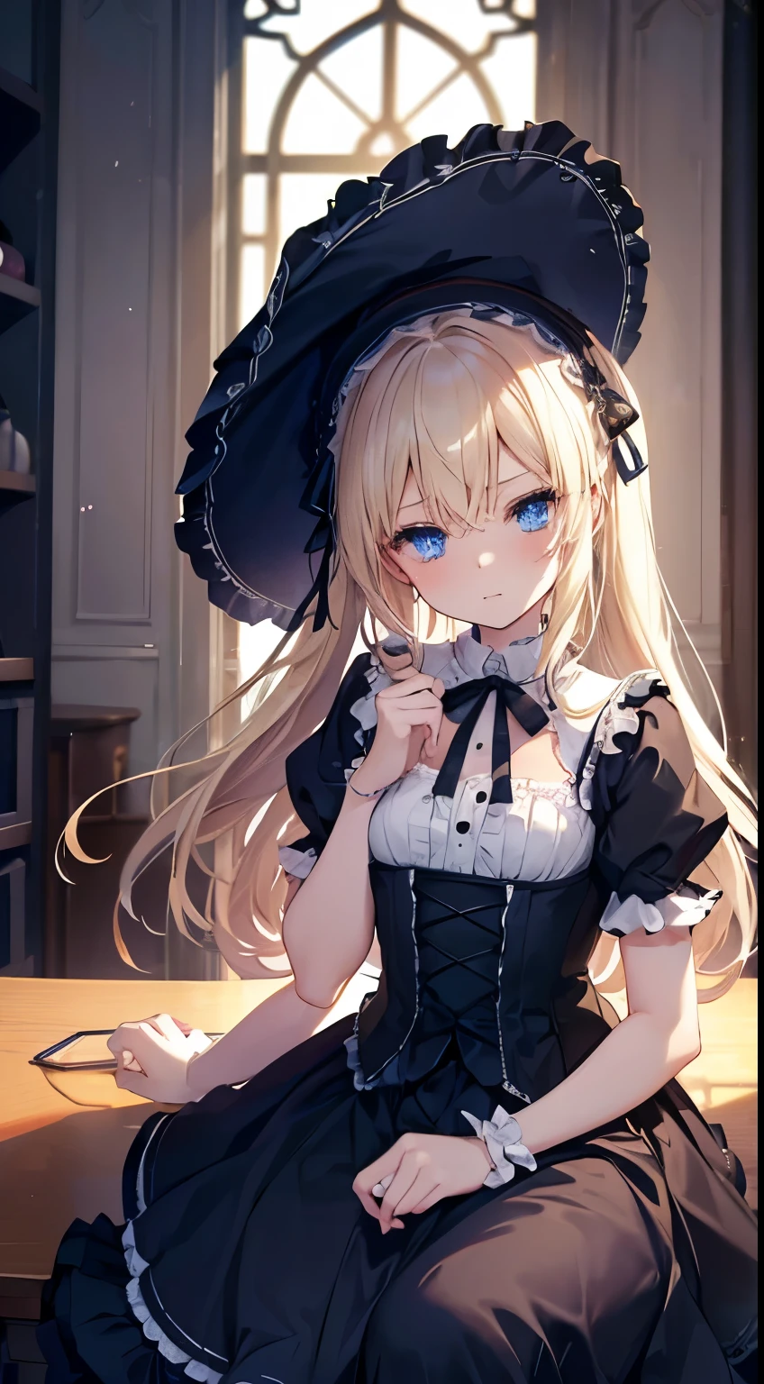 (,)(on the table, best quality:1.2), 8k, 85mm, official art, original photo, absurd, platinum blonde, (blue eyes, lolita fashion, sweetLolita, Gothic, skirt:1.2), Idol face, Upper body, beautiful girl, gardeniassss, Copenhagen, short sleeves, grace, complicated, gardeniass, looking at the audience, film grain, Color difference, sharp focus, face lamp, dynamic lighting, Cinema lighting, embarrassed expression, (((把skirt卷起来、,)))、Beautiful and perfect legs, clean and perfect hands