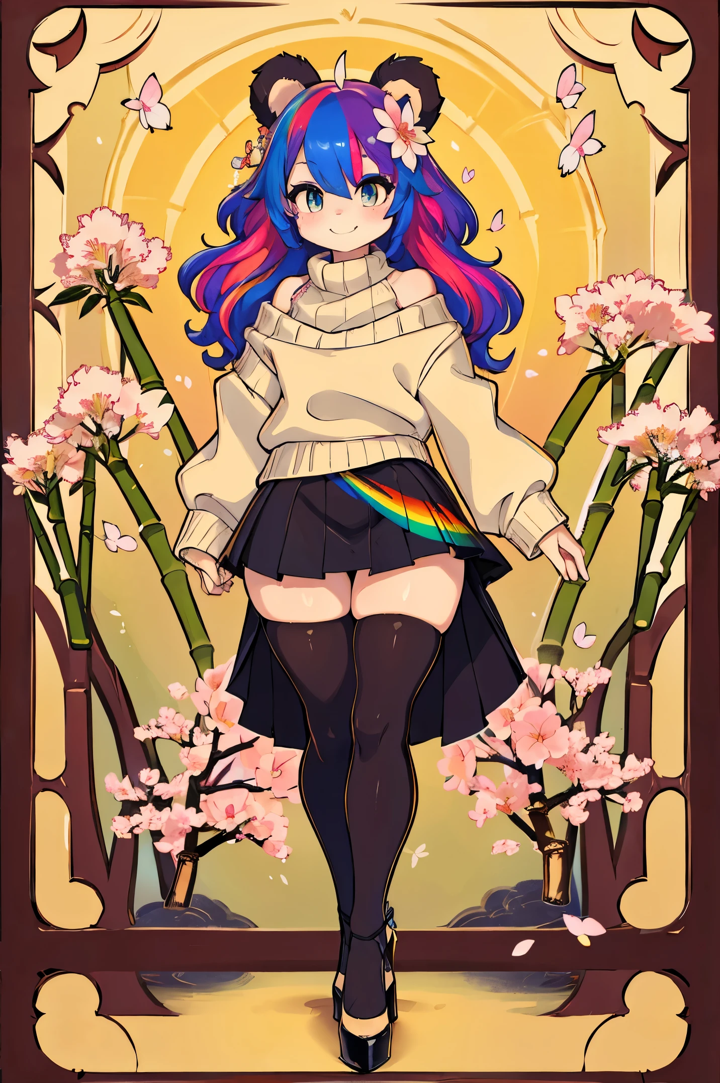 (masterpiece), best quality, expressive eyes, perfect face, 8k, panda girl, smile, ((rainbow hair)), (curly hair), ((human face)), [small breast:1.1], waist:1.3, 
BREAK, 
Knitted off-the-shoulder sweater, paired with a satin mini skirt and (opaque tights), combination of textures creates a cozy yet flirtatious outfit perfect for cooler weather, stiletto heels,
BREAK,
((Whimsical bamboo forest adorned with colorful blossoms)), where butterflies flutter around, creating a scene of pure fantasy and natural beauty,