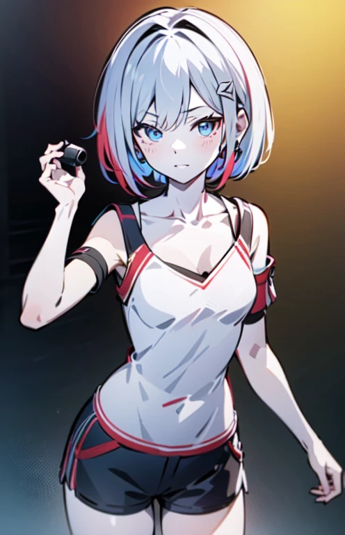 (masterpiece:1.2), (pale skin:1.2), (solo:1.2), (female:1.1), (emphasis lines:1.3), (:1.2), blue eyes, white hair, red hair, bangracelets:1.1), short hair, (shorts:1.2), casual, bare shoulders, collarbone, (camisole:1.1), outdoors, day, earphone