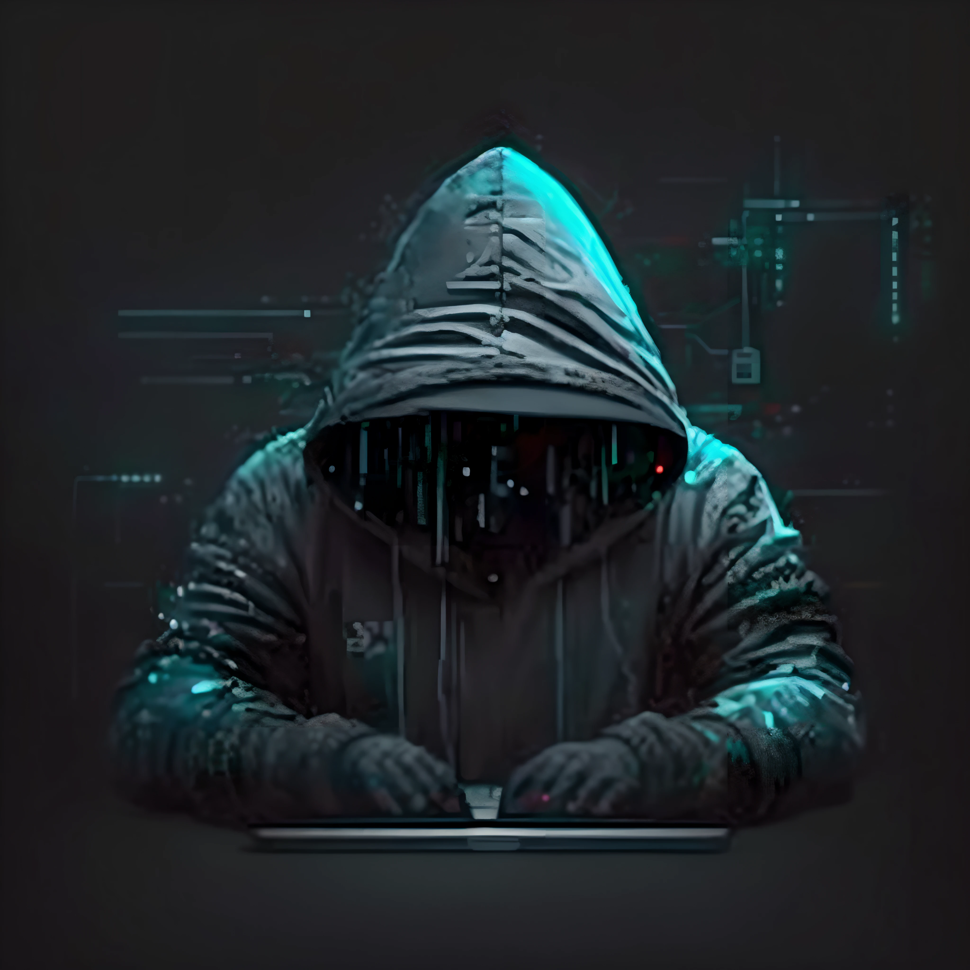 eine Person mit Kapuze, die an einem Laptop sitzt, Hacker cyberpunk, Hacker, Kapuzenfigur surreal, Kybernetischer Stil, Cyber-Hintergrund, digitale Konzeptkunstillustration, Kapuzenfigur, dunkle Cyberpunk-Illustration, Sci-Hologram – Capuz FI, Cyberschwarz, Hacknaut-Cyberpunk, Technologieabdeckung, wears a sci-fi hooded cape, 3D-Render-Bipe