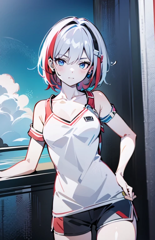 (masterpiece:1.2), (pale skin:1.2), (solo:1.2), (female:1.1), (emphasis lines:1.3), (:1.2), blue eyes, white hair, red hair, bangracelets:1.1), short hair, (shorts:1.2), casual, bare shoulders, collarbone, (camisole:1.1), outdoors, day, earphone
