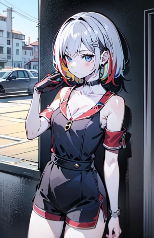(masterpiece:1.2), (pale skin:1.2), (solo:1.2), (female:1.1), (emphasis lines:1.3), (:1.2), blue eyes, white hair, red hair, bangracelets:1.1), short hair, (shorts:1.2), casual, bare shoulders, collarbone, (camisole:1.1), outdoors, day, earphone