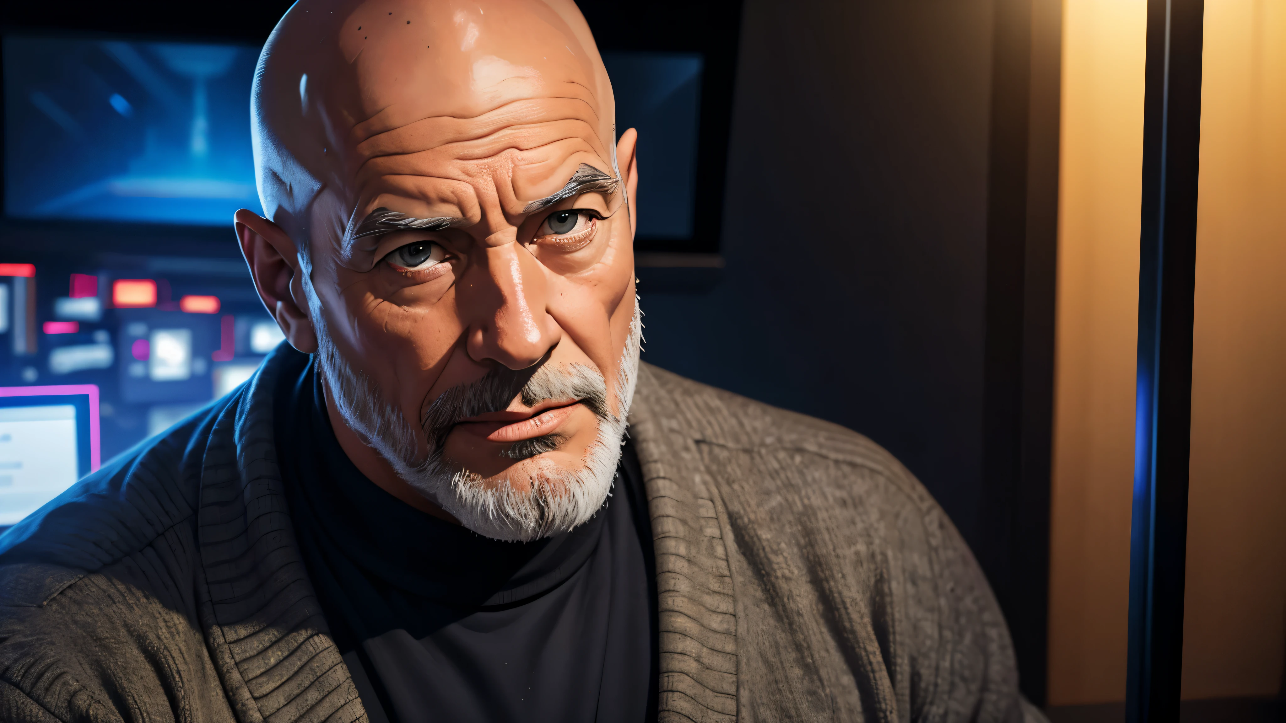 (best quality,4k,8k,highres,masterpiece:1.2),ultra-detailed,(realistic,photorealistic,photo-realistic:1.37),portrait,studio lighting,a bald,fifty-year-old man with a gray beard and black sweater is speaking into a microphone in a podcast studio.