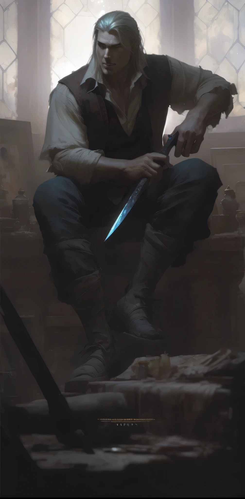 The painting shows a man sitting on a bed holding a knife, Craig Mullins Key to Darkness, craig mullins style, thomas koppi and wlop, Inspired by Dean Cornwell, Krentz Kusaud, artstation painting, Draw in high resolution, Dappled lighting by Craig Mullins, part dean cornwell style, Raymond Swanland的风格The painting shows a man sitting on a bed holding a knife, Craig Mullins Key to Darkness, craig mullins style, thomas koppi and wlop, Inspired by Dean Cornwell, Krentz Kusaud, artstation painting, Draw in high resolution, Dappled lighting by Craig Mullins, part dean cornwell style, Raymond Swanland (Raymond Swanland) Long hair stylinan in a vest, portrait of geralt