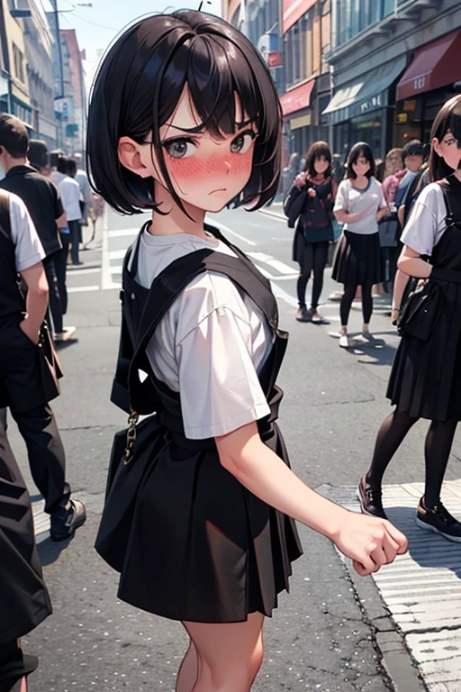 (Full body),short hair, black hair,reddish eyes、(long shot:1.4)、(inside),(black overall skirt:1.6),, ,NSFW,very detailed、masterpiece、highest quality、Ultra high decomposition energy A、8K high resolution、Clear like a photo、ultra high resolution、Gradation depiction、photorealistic、(crowd:1.1)(department store)、The shops、based on anthropology、girl、detailed eyes、short hair、(upward glance),、(wear white Tshirt:1.2)、, ,, ,、,,,, (frown:1.2),(angry:0.9),contemptuous,disdain,(hate:1.3),,elegant,active angle,dynamism pose,, (embarrassed,nose blush:1.5), , 、, (touching face with one hand:1.2),, white Tshirt ,
