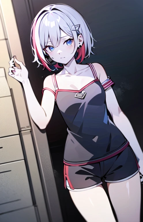 (masterpiece:1.2), (pale skin:1.2), (solo:1.2), (female:1.1), (emphasis lines:1.3), (:1.2), blue eyes, white hair, red hair, bangracelets:1.1), short hair, (shorts:1.2), casual, bare shoulders, collarbone, (camisole:1.1), outdoors, day, earphone
