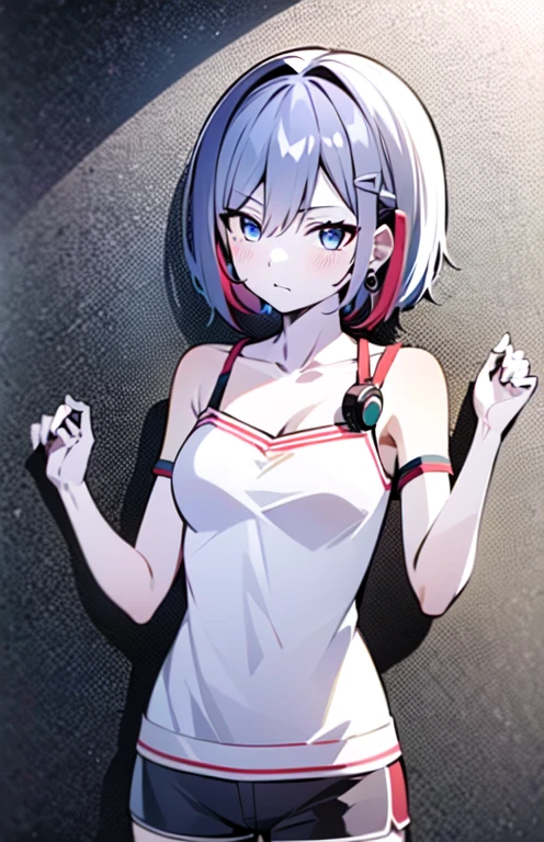 (masterpiece:1.2), (pale skin:1.2), (solo:1.2), (female:1.1), (emphasis lines:1.3), (:1.2), blue eyes, white hair, red hair, bangracelets:1.1), short hair, (shorts:1.2), casual, bare shoulders, collarbone, (camisole:1.1), outdoors, day, earphone