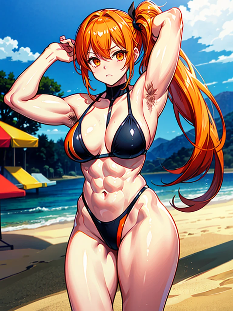 （（（masterpiece、Highest image quality、highest quality、highly detailed unity 8ｋwallpaper）））、（（Illustration of one girl））、（（（beautiful girl）））、（（orange hair、side ponytail、sidelocks：1.4、orange eyes））、（（（stocky build：1.5, thickset physique：1.6, muscular legs, broad shoulders, solid chest：1.5）））、（（（orange hairy armpits：1.4）））、(armpit hair:1.4)、swimsuit、sandy beach