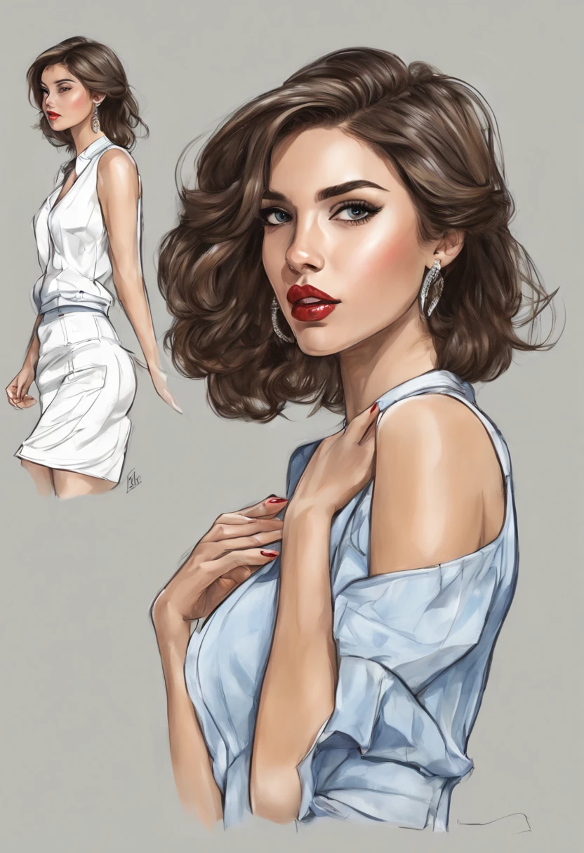 Full body sketch in multiple poses of Latin woman Alicia Hernández, perfectly shaded body, 21 years old, short, straight brown hair, blue eyes, long eyelashes, perfectly outlined eyebrows, high heels that highlight her delicacy, shaved legs, short blue skirt and blouse torn black, long nails, brown hands, burnished skin, inside view, big open mouth, beauty, red lips, white background, clean, detailed realistic and perfect proportions from a sfw digital art illustrator.