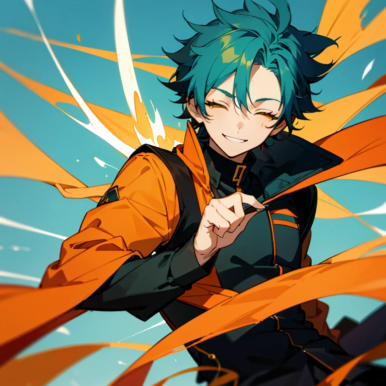 1 boy, Turquoise hair, orange eyes, black cloth, handsome, 15 years old ???, wearing uniform, orange eye liner, smiling, closed eyes