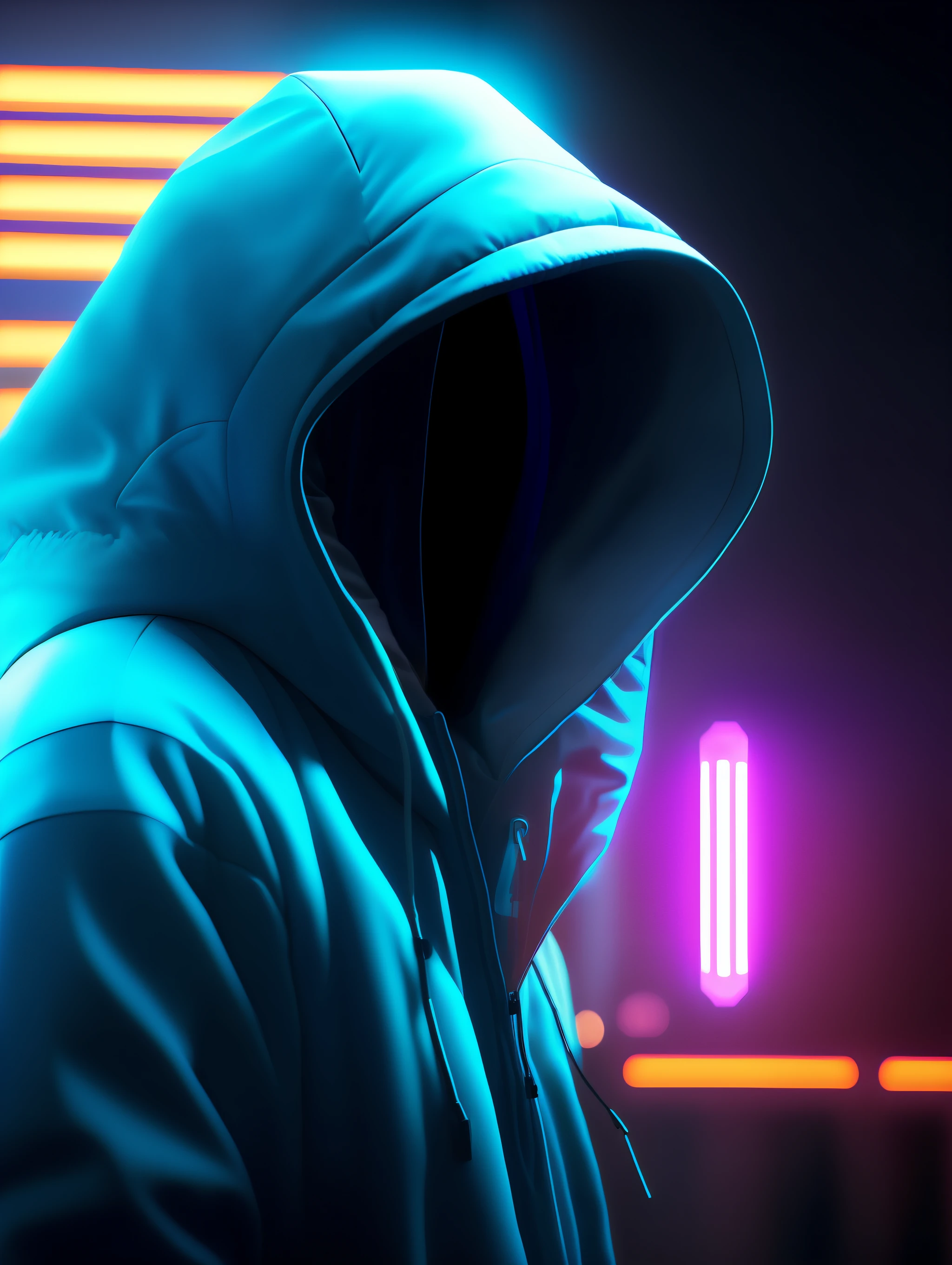 Kapuzenpullover auf einem Mann in einer blauen Jacke mit Neonlichtern, wears a sci-fi hooded cape, Sith-Lord mit Kapuze, Cyberpunk anime girl in hoodie, Cyberpunk-Hacker, Science-Fiction-Hologramm, Surreale Kapuzenfigur, Cyberpunk mit Neonbeleuchtung, beeple-style, 3D-Render-Beeple, Beeple-Mix im Hybrid-Stil, 1024x1024, 8 TAUSEND,