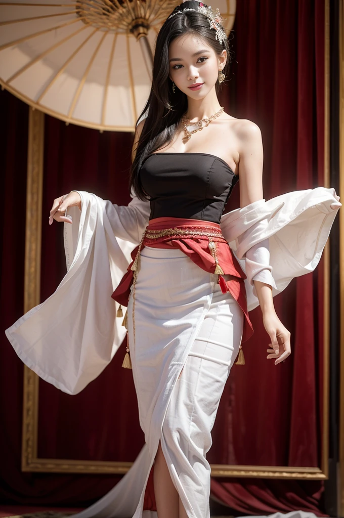 (realistic:1.3), Crazy details, quality, (Create a masterpiece:1.2), (ภาพrealistic:1.2), (qualityที่ดีที่สุด), (detailed skin:1.3), (complicated details), Ray tracing, ((full body picture)), ((1 woman)), (((1 person))), 18-20 years old, long hair, smile, red dress, open shoulder, patterned skirt, Contrast color between dress and skirt, skirt pattern, earring, necklace, Javanese jewelry, ((big breasts, beautiful breast, Breast augmentation, Beautiful breasts, small waist, small thighs, Long, slender legs)), ((slim body, Thin)), (blurred background)