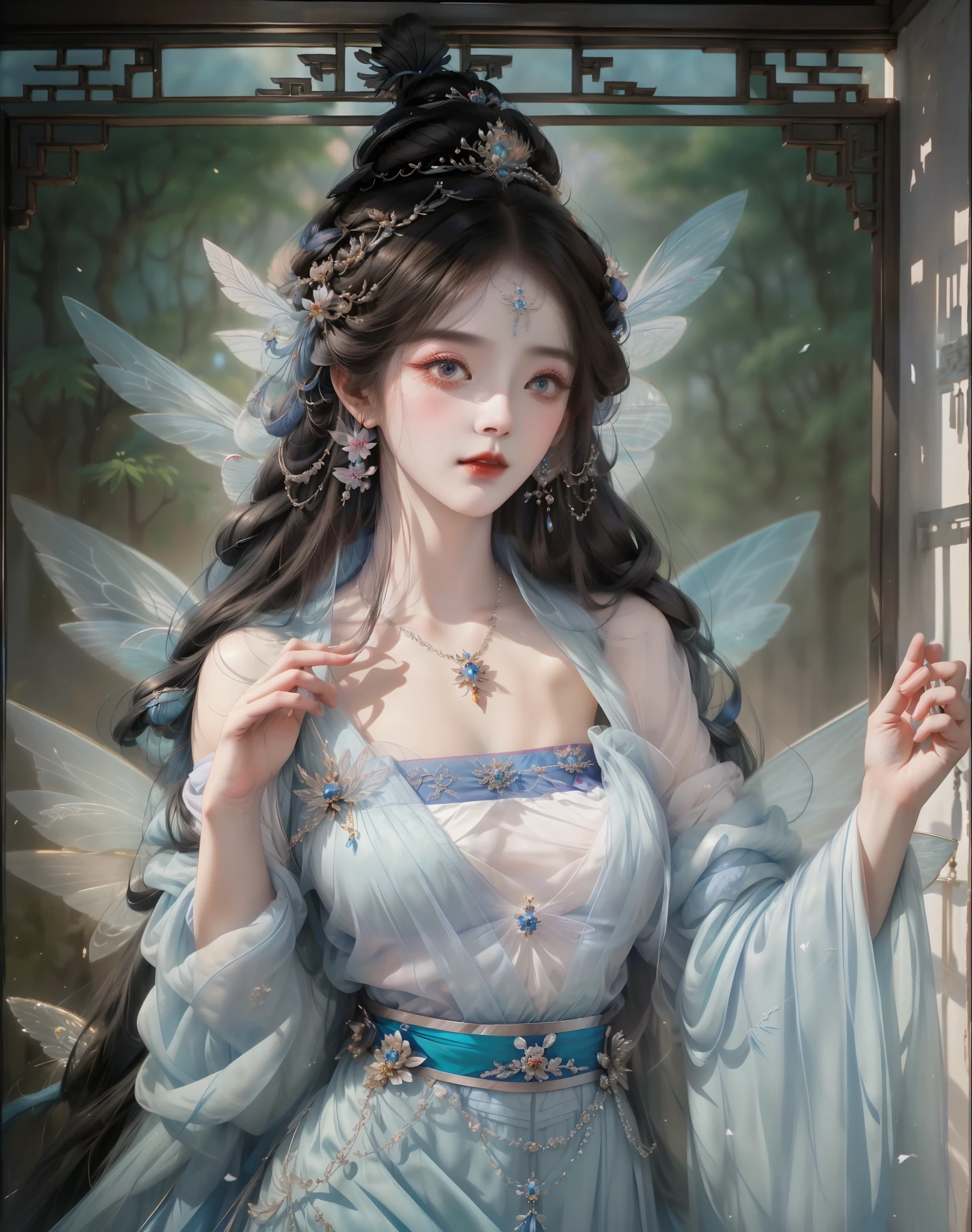 Franco-German image of a woman in a blue dress, beautiful fantasy queen, palace ， A girl wearing Hanfu, ((Beautiful fantasy emperor body fairy, Inspired by Lan Ying, Inspired by Qiu Ying, Inspired by Ma Yuanyu, Inspired by Tang Yifen, Inspired by Li Meihu, Inspired by Zhao Yuan