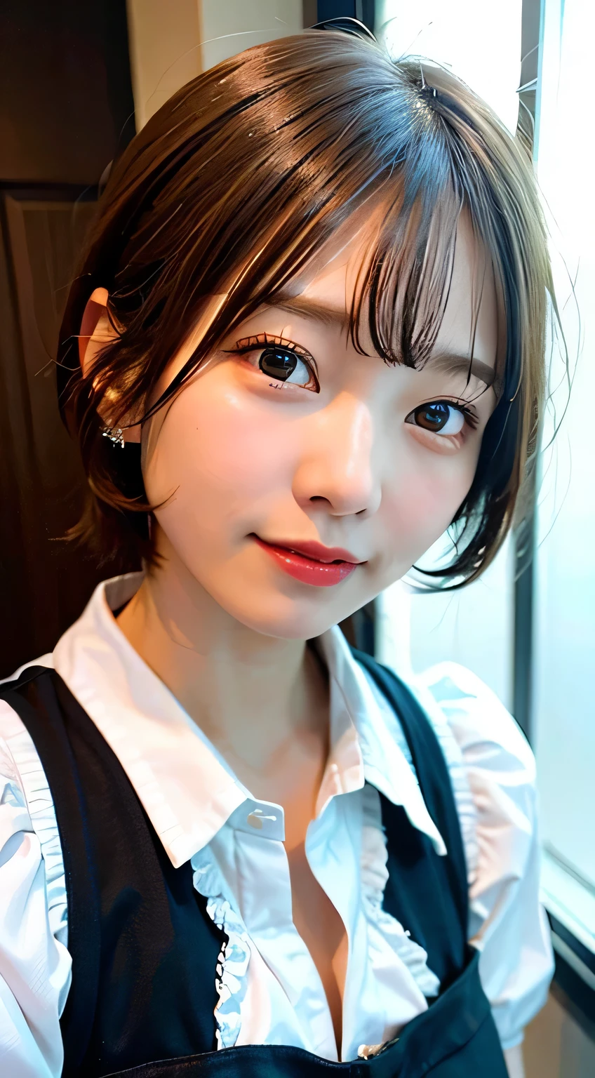 Maids,(8K, Raw photo:1.2)Detailed face and eyes,Best Quality, 超A high resolution, Highly detailed ,intricate detailes ,masutepiece ,Cute Girl , Soft cinematic light, Hyper-detailing,Sharp Focus, High quality,tits out, short hair